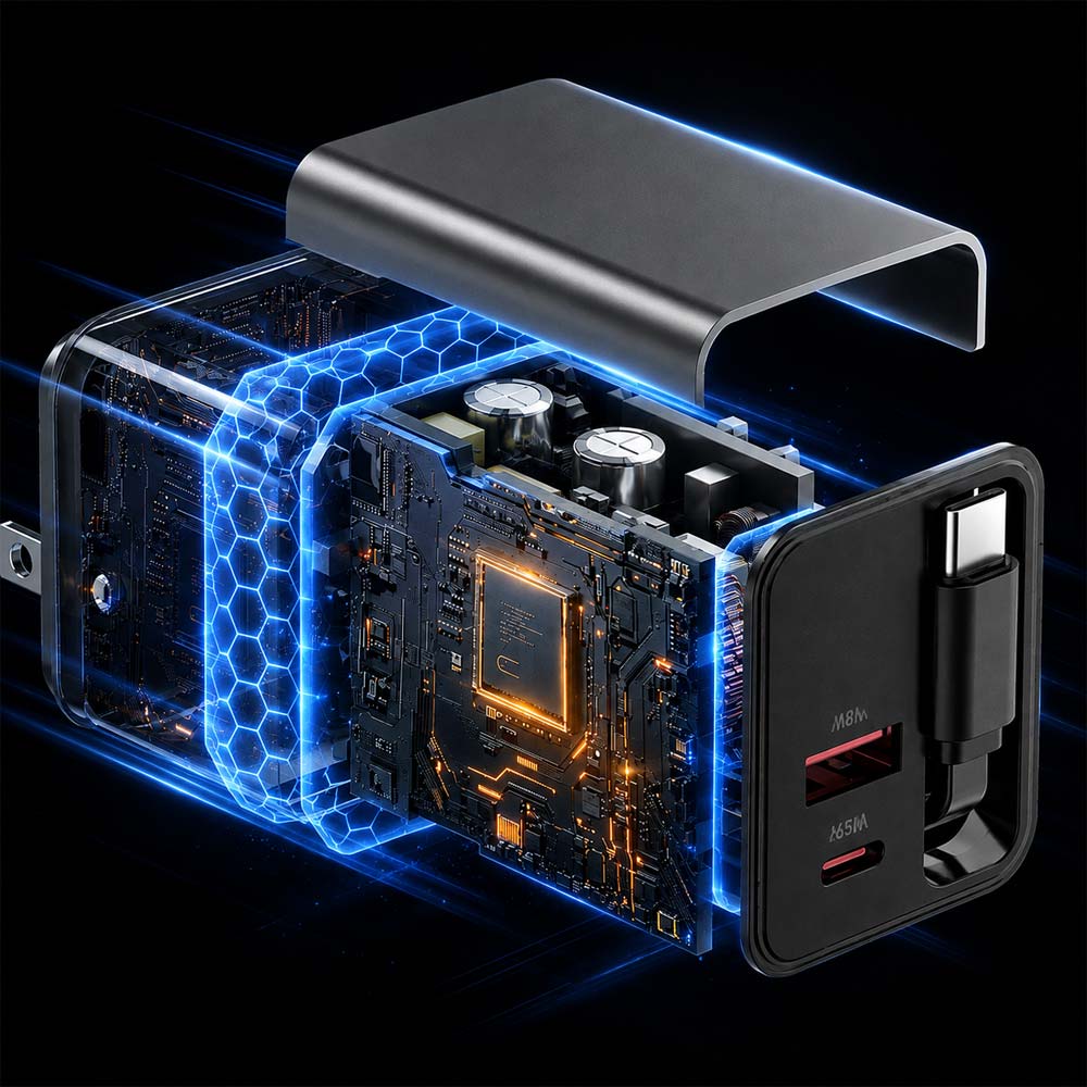 65W All-in-One Fast Charger with Built-In Retractable USB-C Cable
