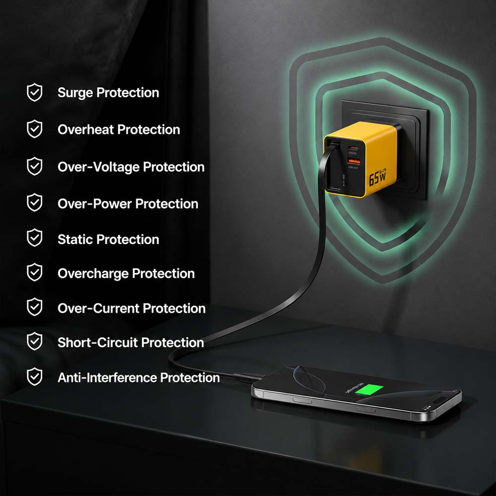 65W All-in-One Fast Charger with Built-In Retractable USB-C Cable