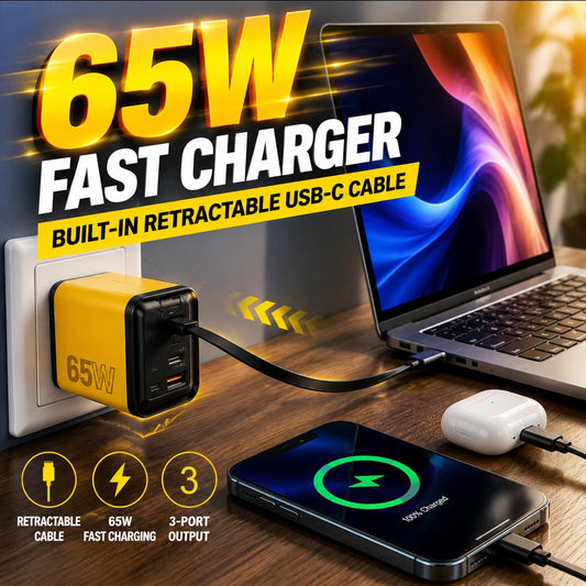 65W All-in-One Fast Charger with Built-In Retractable USB-C Cable