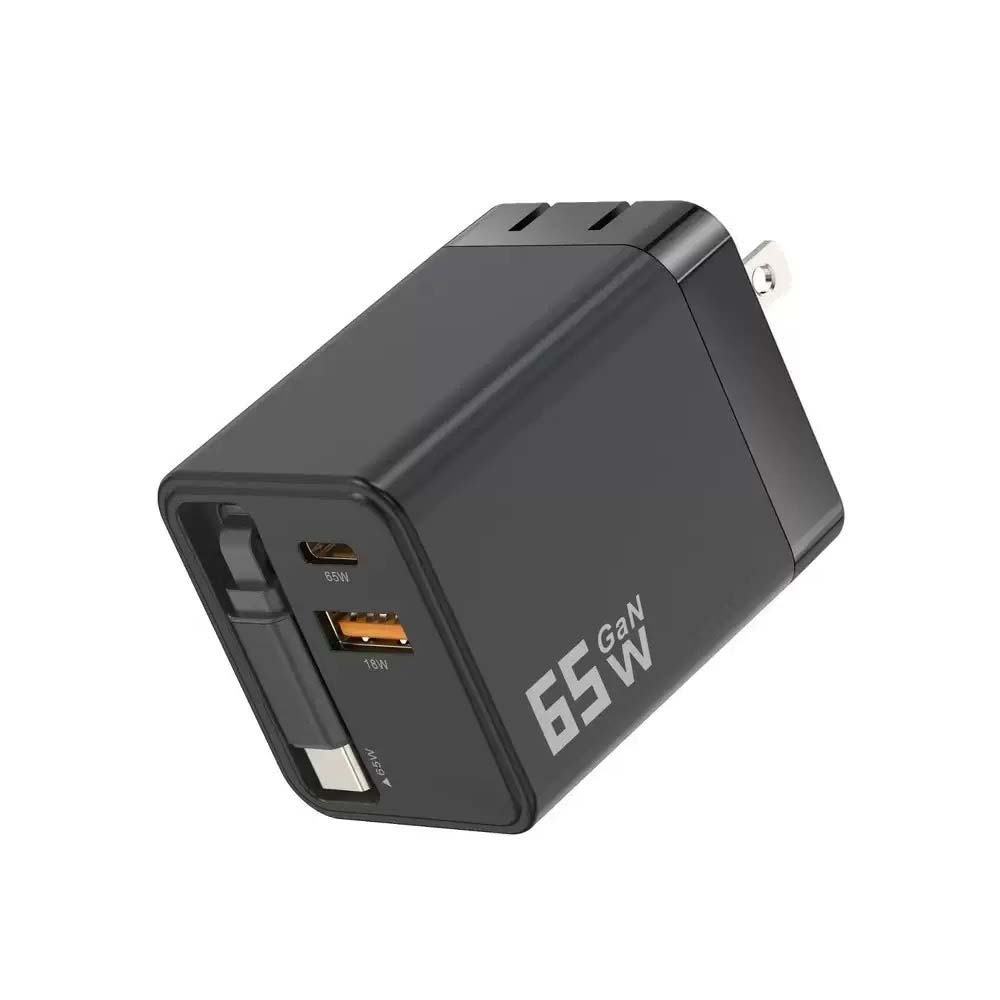 65W All-in-One Fast Charger with Built-In Retractable USB-C Cable