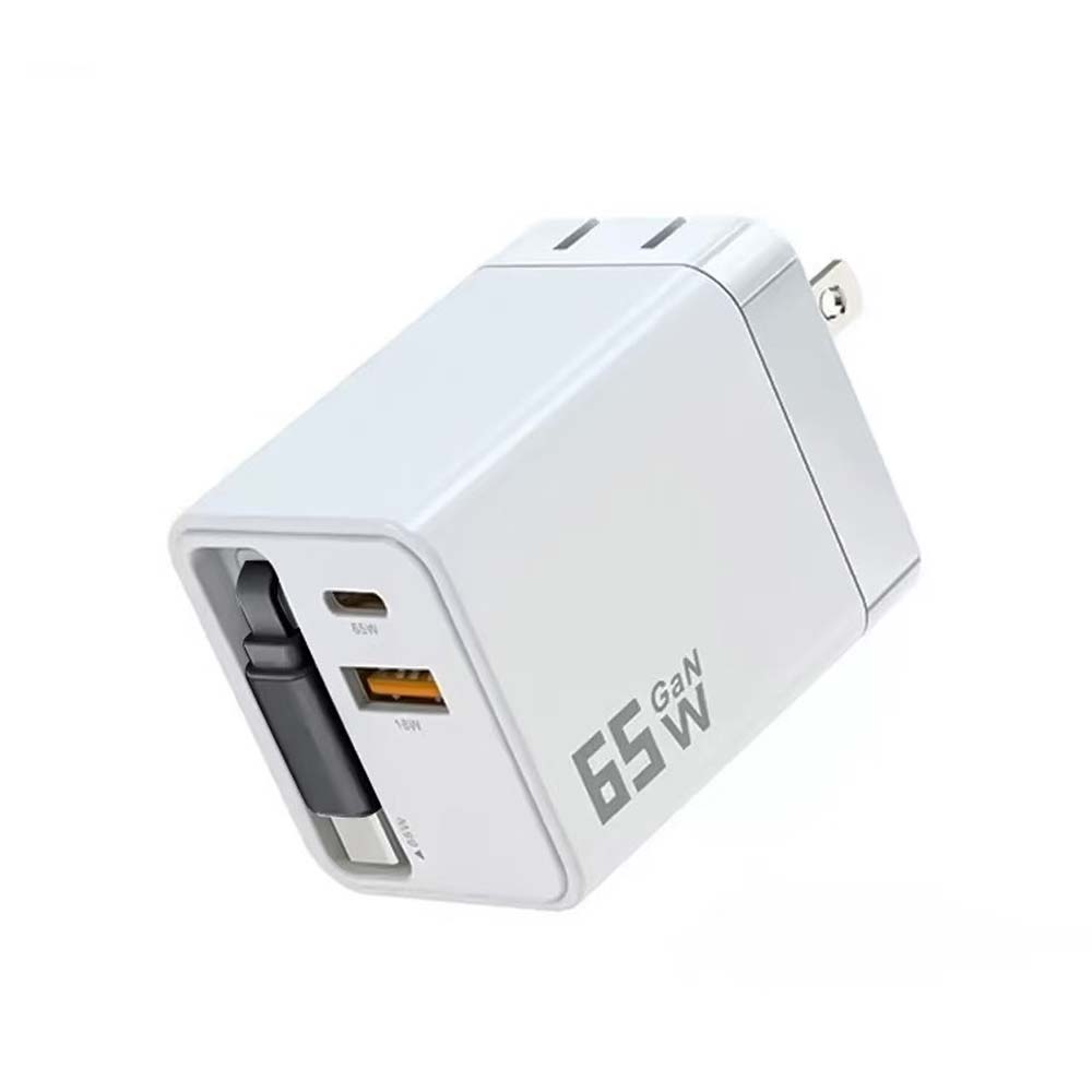 65W All-in-One Fast Charger with Built-In Retractable USB-C Cable
